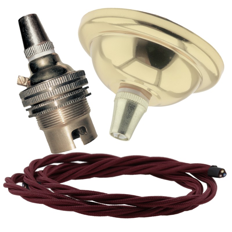 Small Brass Effect Ceiling Pendant Kit and B22 Brass Lampholder with Rich Burgundy Flex Small Brass Effect Ceiling Pendant Kit and B22 Brass Lampholder with Rich Burgundy Flex