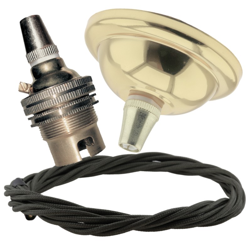 Small Brass Effect Ceiling Pendant Kit and B22 Brass Lampholder with Khaki Green Flex Small Brass Effect Ceiling Pendant Kit and B22 Brass Lampholder with Khaki Green Flex