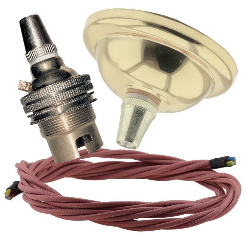 Small Brass Effect Ceiling Pendant Kit and B22 Brass Lampholder with Dusky Pink Flex Small Brass Effect Ceiling Pendant Kit and B22 Brass Lampholder with Dusky Pink Flex