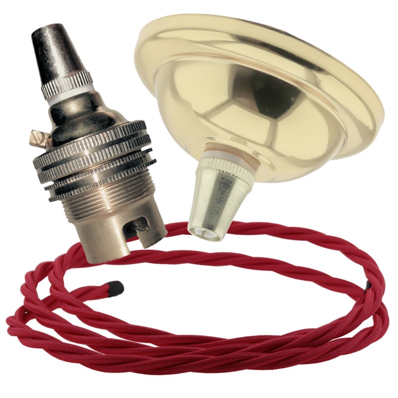 Small Brass Effect Ceiling Pendant Kit and B22 Brass Lampholder with Bright Red Flex Small Brass Effect Ceiling Pendant Kit and B22 Brass Lampholder with Bright Red Flex