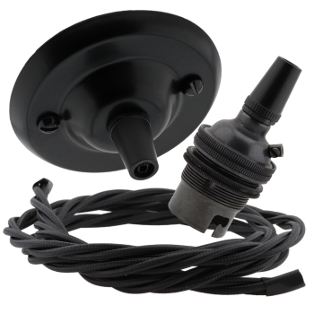 Matt Black Ceiling Pendant Kit and B22 Bronze Lampholder with Black Flex