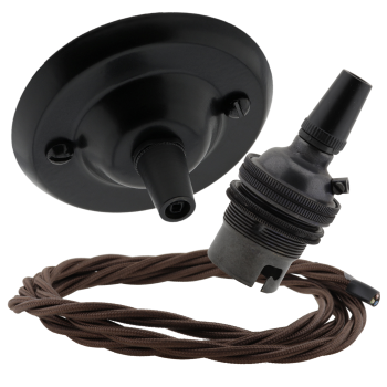 Matt Black Ceiling Pendant Kit and B22 Bronze Lampholder with Mocha Brown Flex