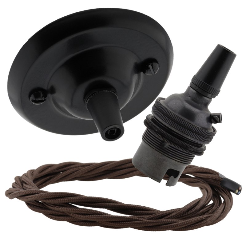 Matt Black Ceiling Pendant Kit and B22 Bronze Lampholder with Mocha Brown Flex Matt Black Ceiling Pendant Kit and B22 Bronze Lampholder with Mocha Brown Flex
