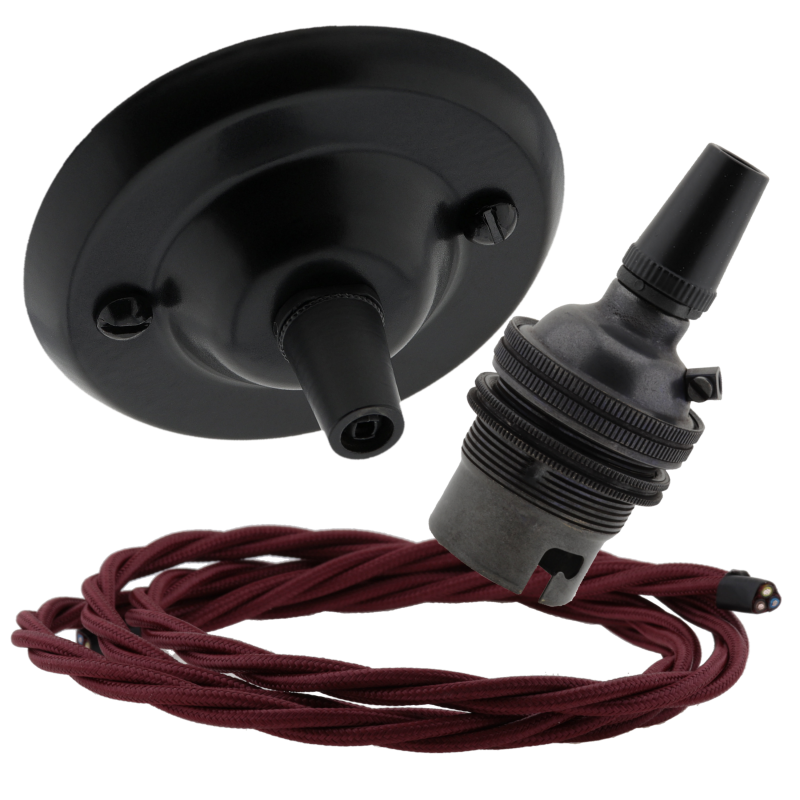 Matt Black Ceiling Pendant Kit and B22 Bronze Lampholder with Rich Burgundy Flex Matt Black Ceiling Pendant Kit and B22 Bronze Lampholder with Rich Burgundy Flex