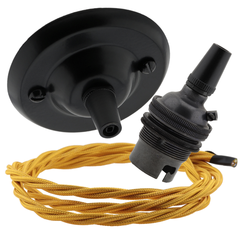 Matt Black Ceiling Pendant Kit and B22 Bronze Lampholder with Gold Flex Matt Black Ceiling Pendant Kit and B22 Bronze Lampholder with Gold Flex