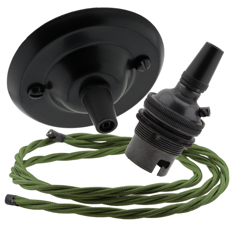 Matt Black Ceiling Pendant Kit and B22 Bronze Lampholder with Green Flex Matt Black Ceiling Pendant Kit and B22 Bronze Lampholder with Green Flex