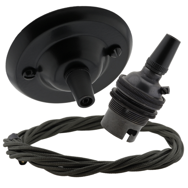 Matt Black Ceiling Pendant Kit and B22 Bronze Lampholder with Khaki Green Flex Matt Black Ceiling Pendant Kit and B22 Bronze Lampholder with Khaki Green Flex