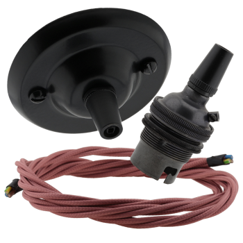 Matte Black Ceiling Pendant Kit and B22 Bronze Lampholder with Dusky Pink Flex