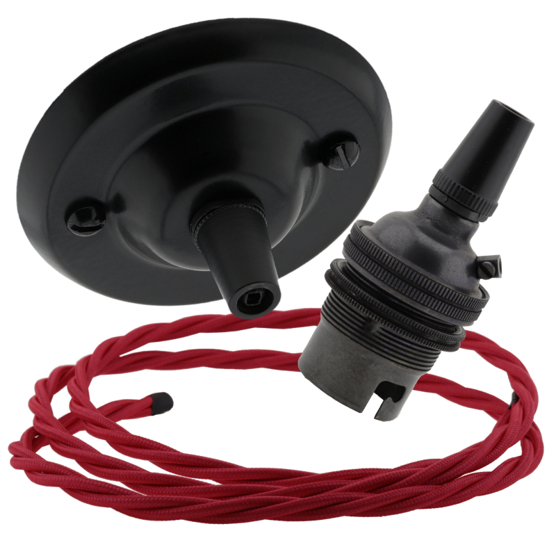 Matte Black Ceiling Pendant Kit and B22 Bronze Lampholder with Bright Red Flex Matte Black Ceiling Pendant Kit and B22 Bronze Lampholder with Bright Red Flex