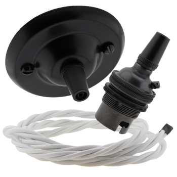 Matt Black Ceiling Pendant Kit and B22 Bronze Lampholder with White Flex