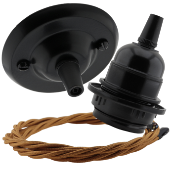 Matt Black Ceiling Pendant Kit and E27 Bakelite Lampholder with Antique Gold Flex