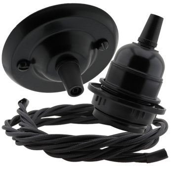 Matt Black Ceiling Pendant Kit and E27 Bakelite Lampholder with Black Flex