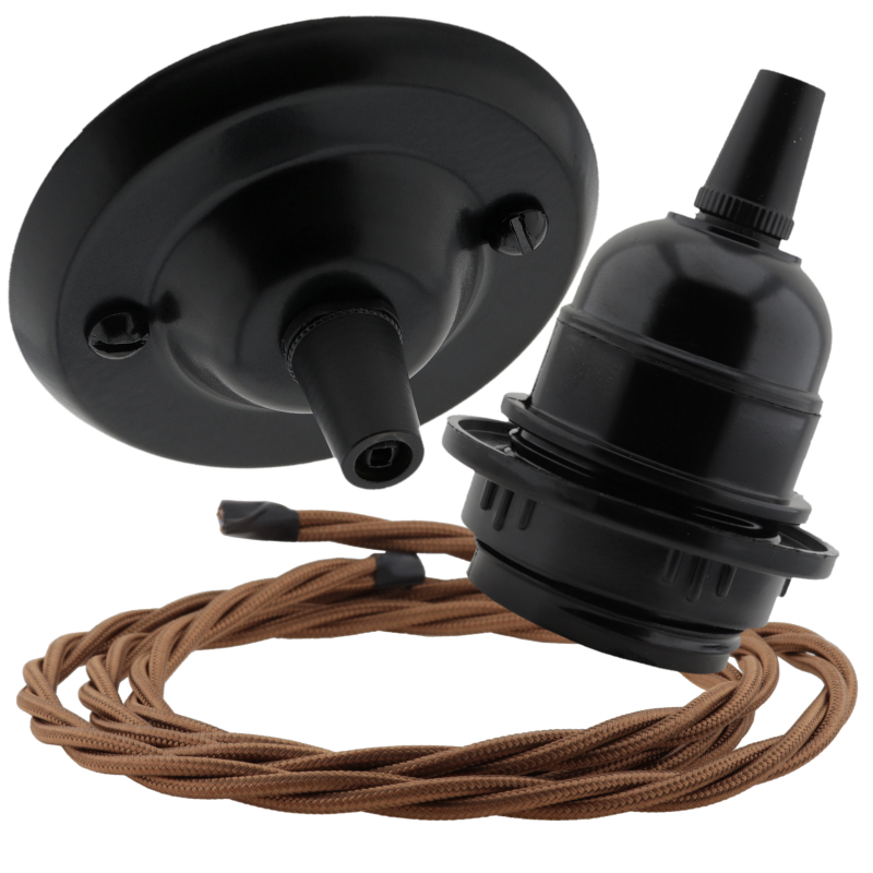 Matt Black Ceiling Pendant Kit and E27 Bakelite Lampholder with Bronze Flex Matt Black Ceiling Pendant Kit and E27 Bakelite Lampholder with Bronze Flex