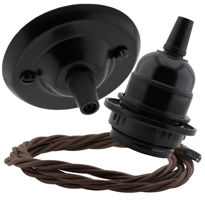 Matt Black Ceiling Pendant Kit and E27 Bakelite Lampholder with Mocha Brown Flex Matt Black Ceiling Pendant Kit and E27 Bakelite Lampholder with Mocha Brown Flex