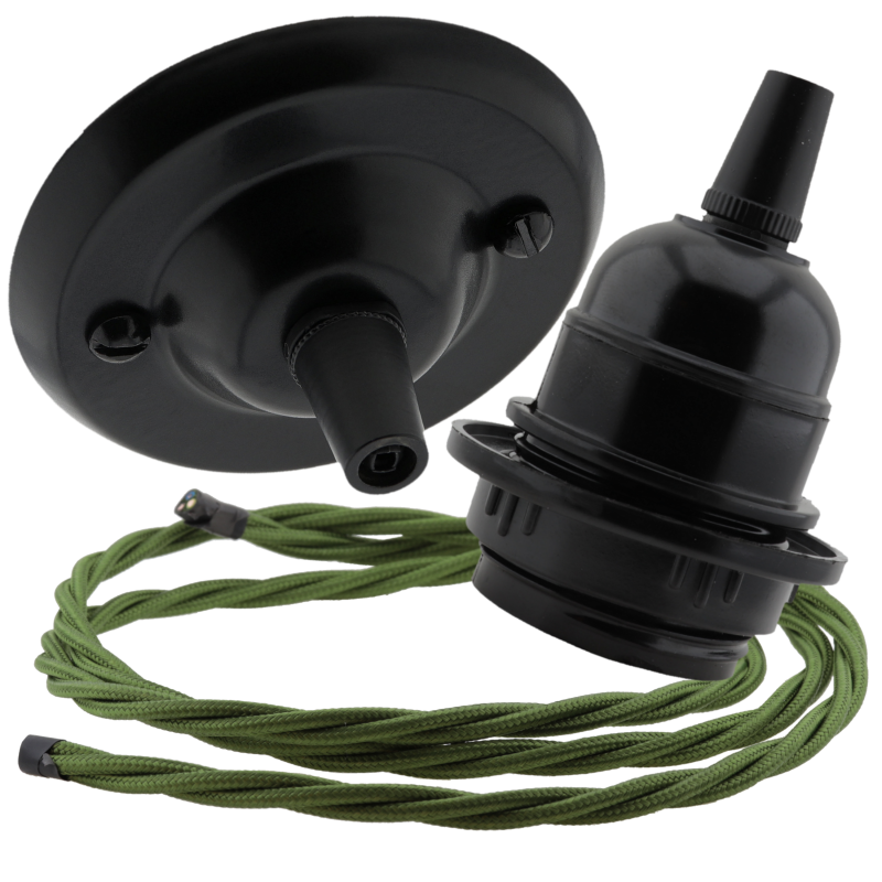 Matt Black Ceiling Pendant Kit and E27 Bakelite Lampholder with Green Flex Matt Black Ceiling Pendant Kit and E27 Bakelite Lampholder with Green Flex