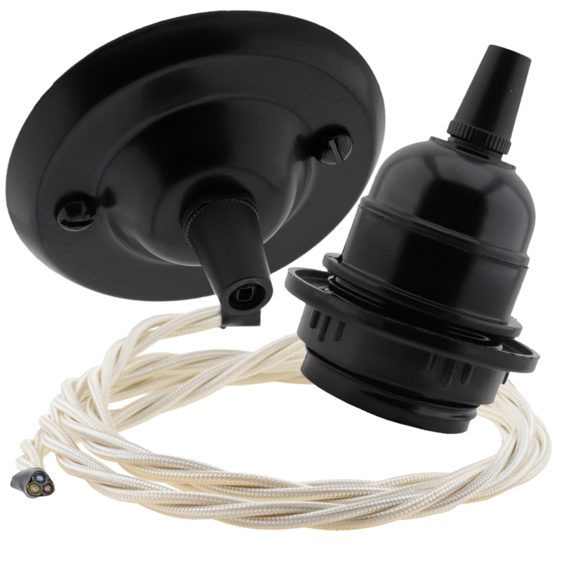 Matt Black Ceiling Pendant Kit and E27 Bakelite Lampholder with Classic Ivory Flex Matt Black Ceiling Pendant Kit and E27 Bakelite Lampholder with Classic Ivory Flex
