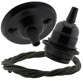 Matt Black Ceiling Pendant Kit and E27 Bakelite Lampholder with Khaki Green Flex