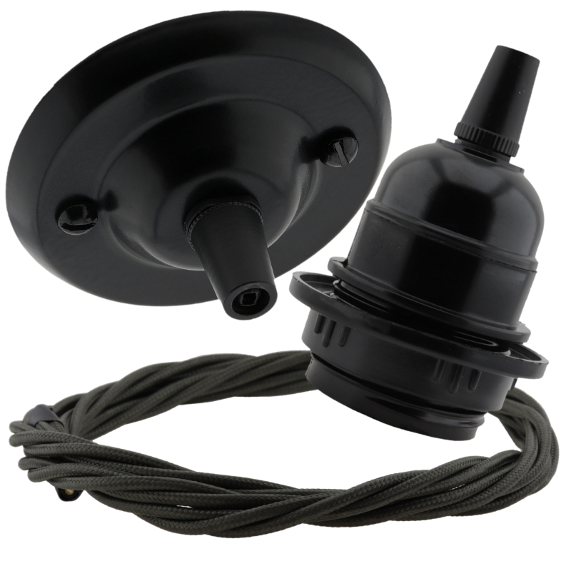 Matt Black Ceiling Pendant Kit and E27 Bakelite Lampholder with Khaki Green Flex Matt Black Ceiling Pendant Kit and E27 Bakelite Lampholder with Khaki Green Flex