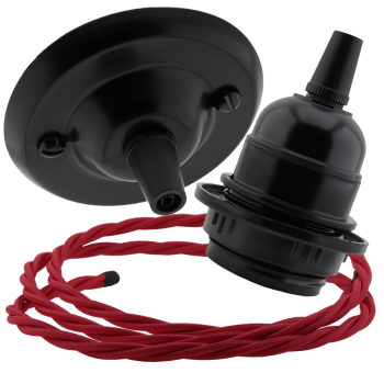 Matte Black Ceiling Pendant Kit and E27 Bakelite Lampholder with Bright Red Flex