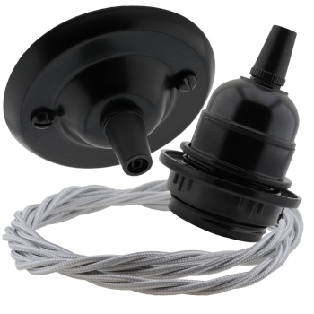 Matt Black Ceiling Pendant Kit and E27 Bakelite Lampholder with Silver Flex