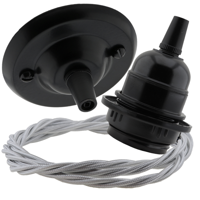 Matt Black Ceiling Pendant Kit and E27 Bakelite Lampholder with Silver Flex Matt Black Ceiling Pendant Kit and E27 Bakelite Lampholder with Silver Flex