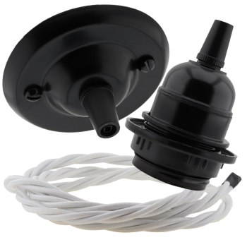 Matt Black Ceiling Pendant Kit and E27 Bakelite Lampholder with White Flex