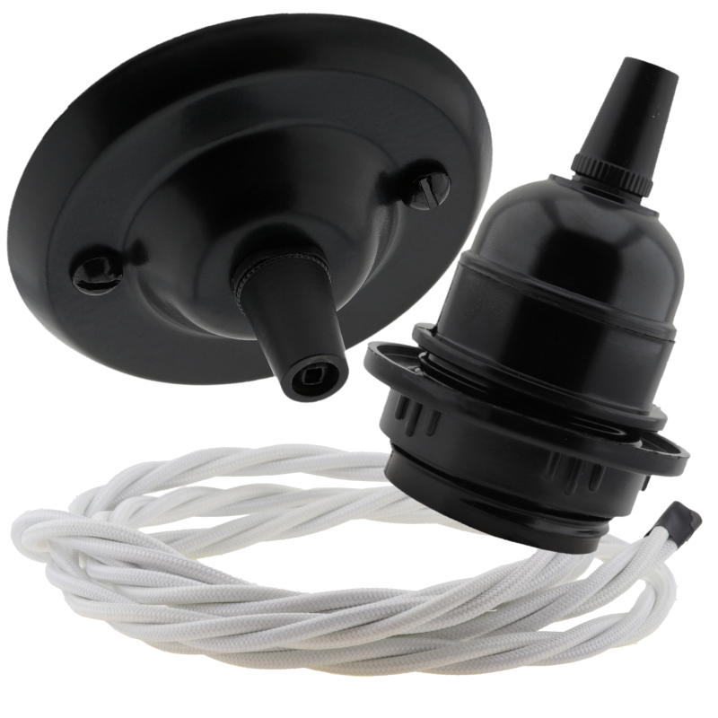 Matt Black Ceiling Pendant Kit and E27 Bakelite Lampholder with White Flex Matt Black Ceiling Pendant Kit and E27 Bakelite Lampholder with White Flex
