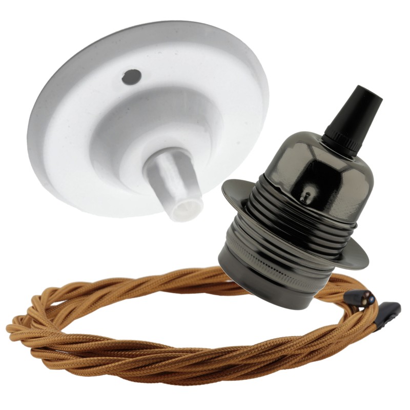 Ceiling Pendant Kit with White Rose and E27 Bronze Lampholder with Antique Gold Flex Ceiling Pendant Kit with White Rose and E27 Bronze Lampholder with Antique Gold Flex