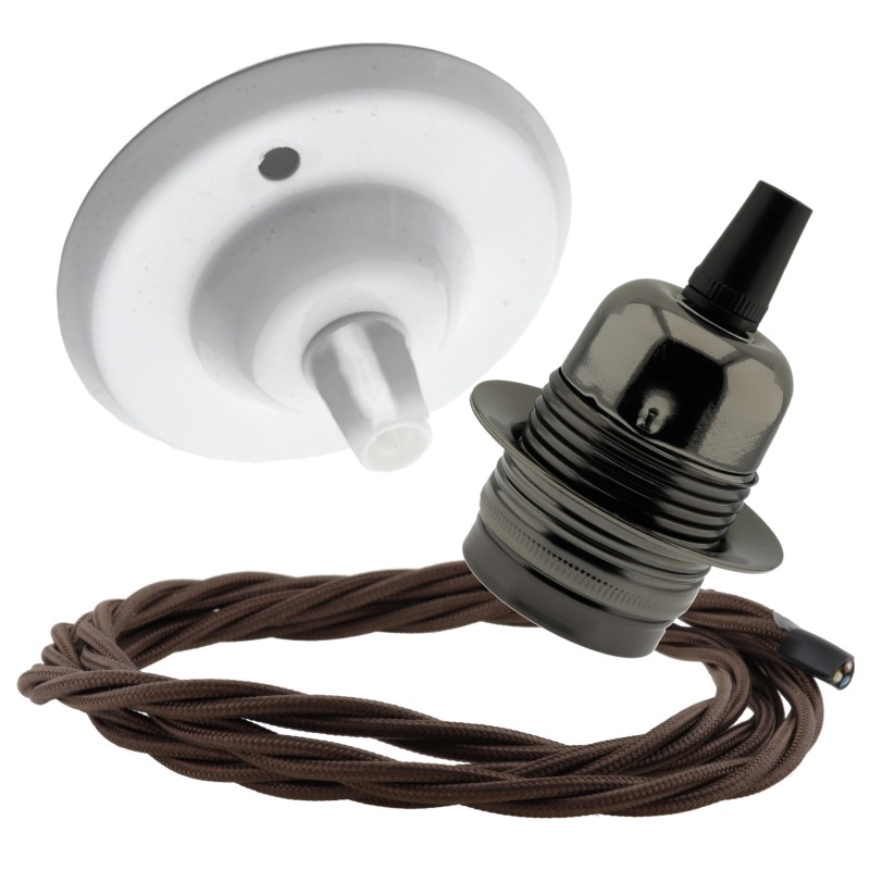 Ceiling Pendant Kit with White Rose and E27 Bronze Lampholder with Brown Flex Ceiling Pendant Kit with White Rose and E27 Bronze Lampholder with Brown Flex