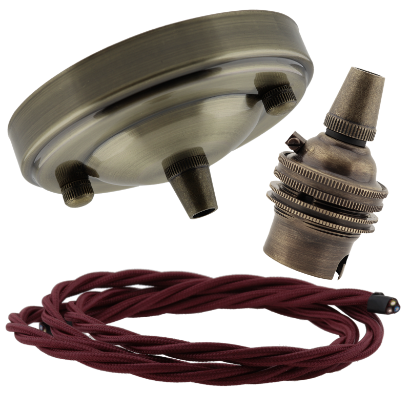 Large Antique Brass Ceiling Pendant Kit and B22 Lampholder with Rich Burgundy Flex Large Antique Brass Ceiling Pendant Kit and B22 Lampholder with Rich Burgundy Flex