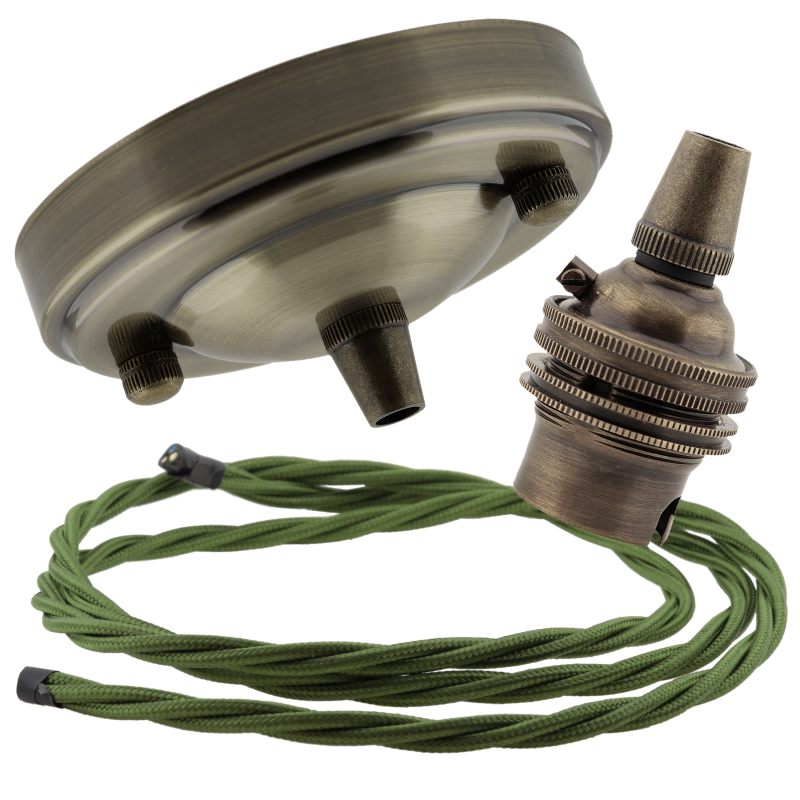Large Antique Brass Ceiling Pendant Kit and B22 Lampholder with Green Flex Large Antique Brass Ceiling Pendant Kit and B22 Lampholder with Green Flex