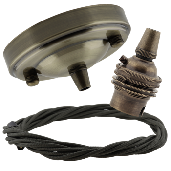 Large Antique Brass Ceiling Pendant Kit and B22 Lampholder with Khaki Green Flex