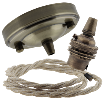 Large Antique Brass Ceiling Pendant Kit and B22 Lampholder with Linen Flex