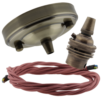 Large Antique Brass Ceiling Pendant Kit and B22 Lampholder with Dusky Pink Flex