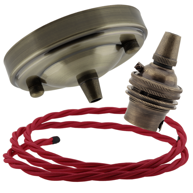 Large Antique Brass Ceiling Pendant Kit and B22 Lampholder with Bright Red Flex Large Antique Brass Ceiling Pendant Kit and B22 Lampholder with Bright Red Flex