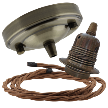 Large Antique Brass Ceiling Pendant Kit and E27 Lampholder with Bronze Flex