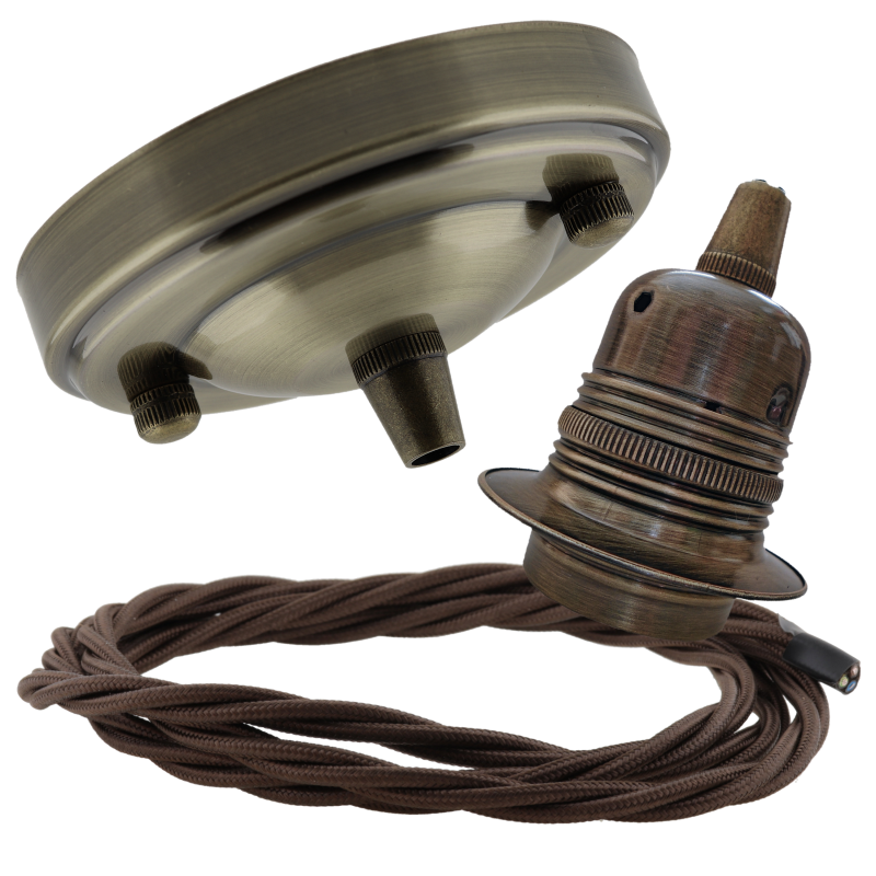 Large Antique Brass Ceiling Pendant Kit and E27 Lampholder with Mocha Brown Flex Large Antique Brass Ceiling Pendant Kit and E27 Lampholder with Mocha Brown Flex