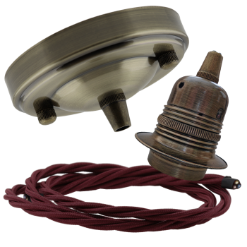 Large Antique Brass Ceiling Pendant Kit and E27 Lampholder with Rich Burgundy Flex