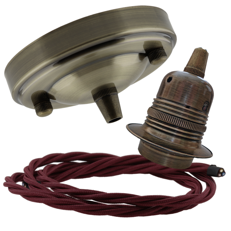 Large Antique Brass Ceiling Pendant Kit and E27 Lampholder with Rich Burgundy Flex Large Antique Brass Ceiling Pendant Kit and E27 Lampholder with Rich Burgundy Flex