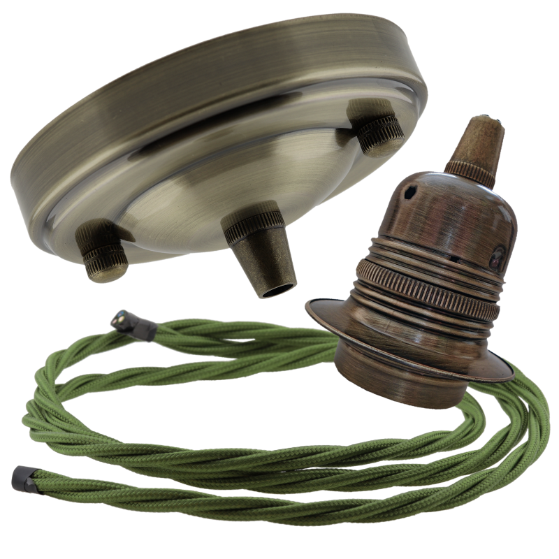 Large Antique Brass Ceiling Pendant Kit and E27 Lampholder with Green Flex Large Antique Brass Ceiling Pendant Kit and E27 Lampholder with Green Flex