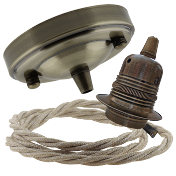 Large Antique Brass Ceiling Pendant Kit and E27 Lampholder with Linen Flex