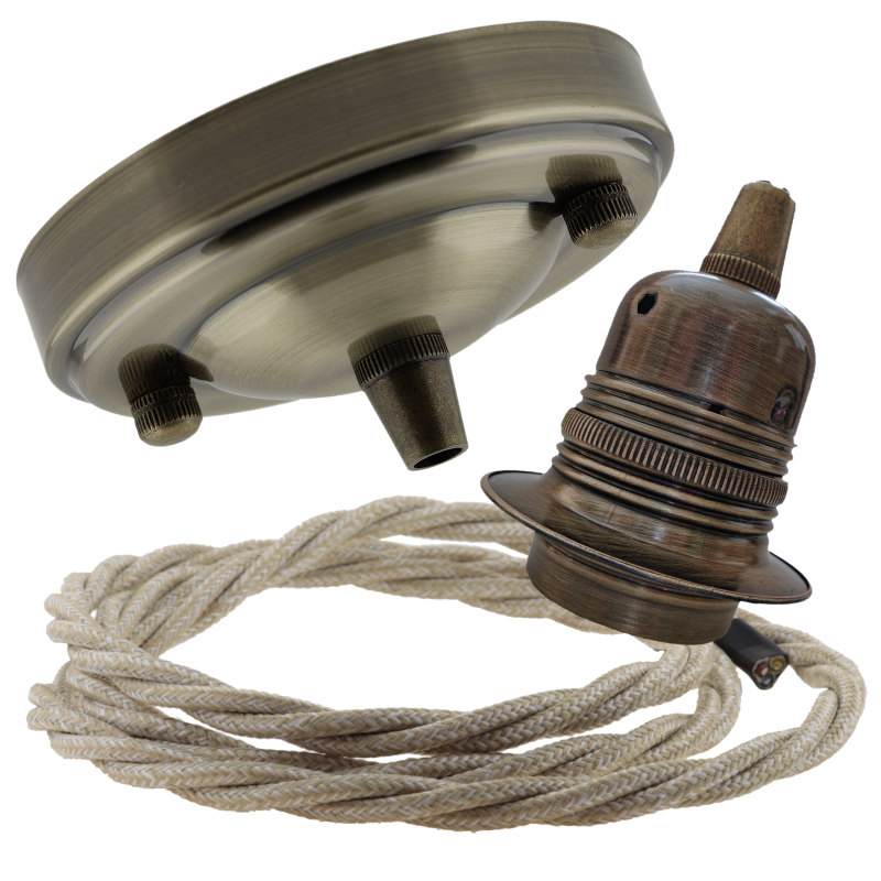 Large Antique Brass Ceiling Pendant Kit and E27 Lampholder with Linen Flex Large Antique Brass Ceiling Pendant Kit and E27 Lampholder with Linen Flex