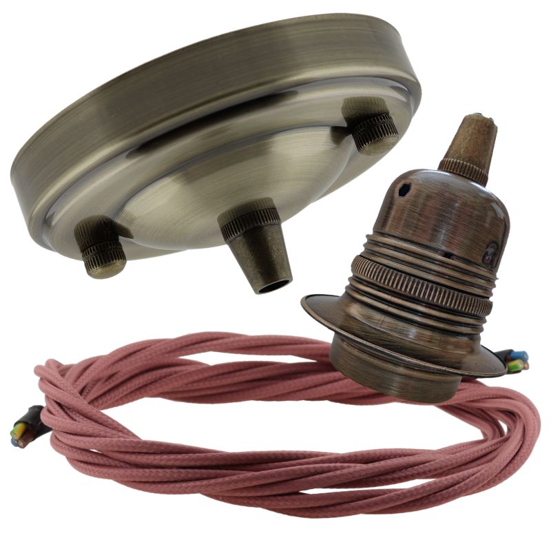 Large Antique Brass Ceiling Pendant Kit and E27 Lampholder with Dusky Pink Flex Large Antique Brass Ceiling Pendant Kit and E27 Lampholder with Dusky Pink Flex