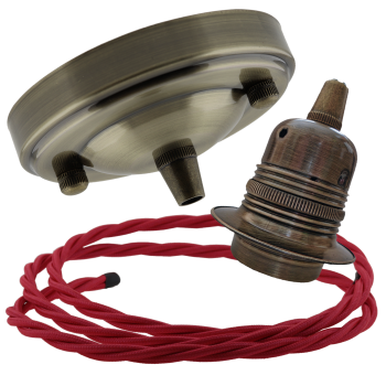 Large Antique Brass Ceiling Pendant Kit and E27 Lampholder with Bright Red Flex