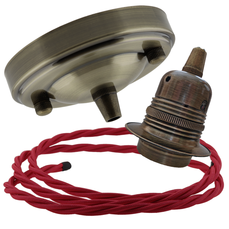 Large Antique Brass Ceiling Pendant Kit and E27 Lampholder with Bright Red Flex Large Antique Brass Ceiling Pendant Kit and E27 Lampholder with Bright Red Flex