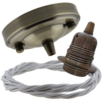 Large Antique Brass Ceiling Pendant Kit and E27 Lampholder with Silver Flex