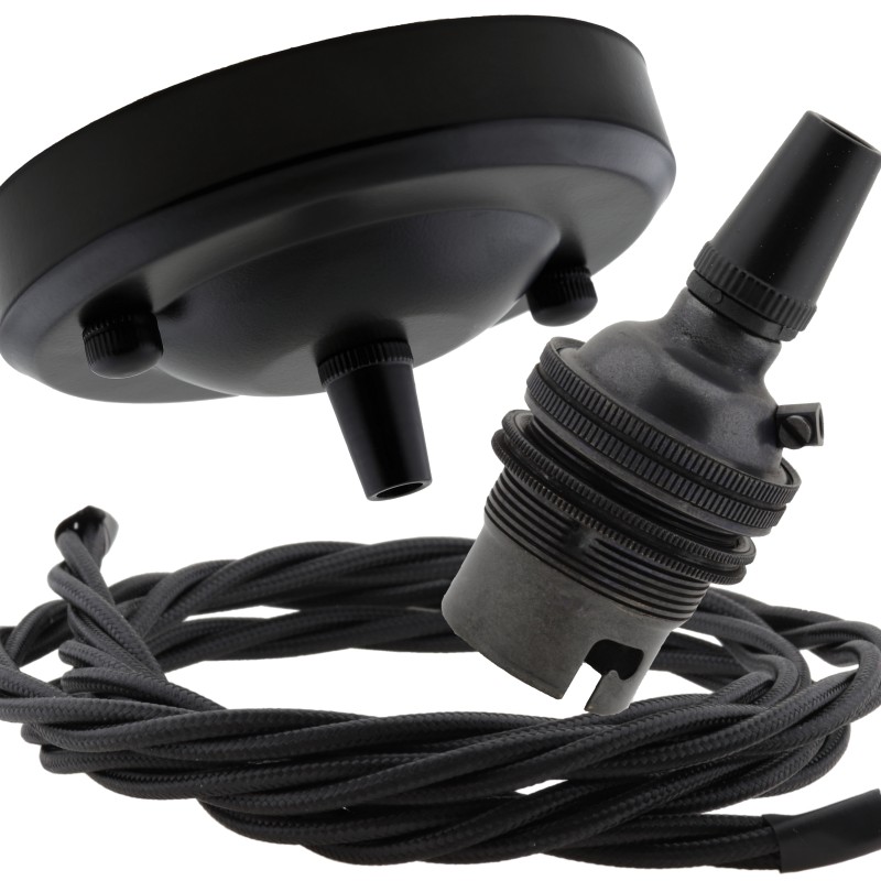 Ceiling Pendant Kit with Large Matte Black Rose and B22 Bronze Lampholder with Black Flex Ceiling Pendant Kit with Large Matte Black Rose and B22 Bronze Lampholder with Black Flex
