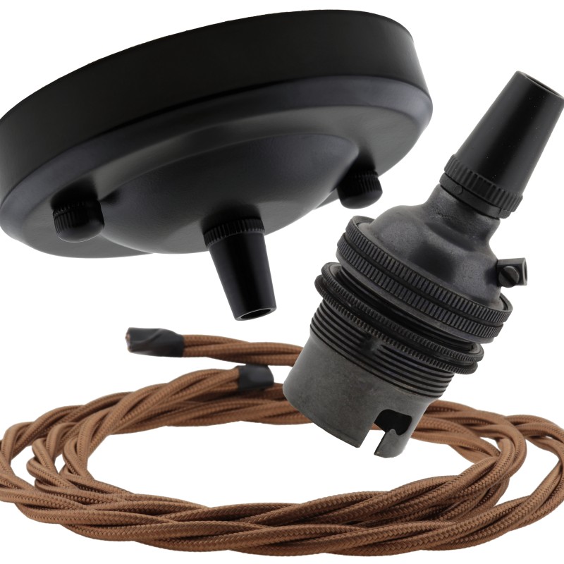 Ceiling Pendant Kit with Large Rose and B22 Lampholder in Matte Black Finish with Bronze Flex Ceiling Pendant Kit with Large Rose and B22 Lampholder in Matte Black Finish with Bronze Flex