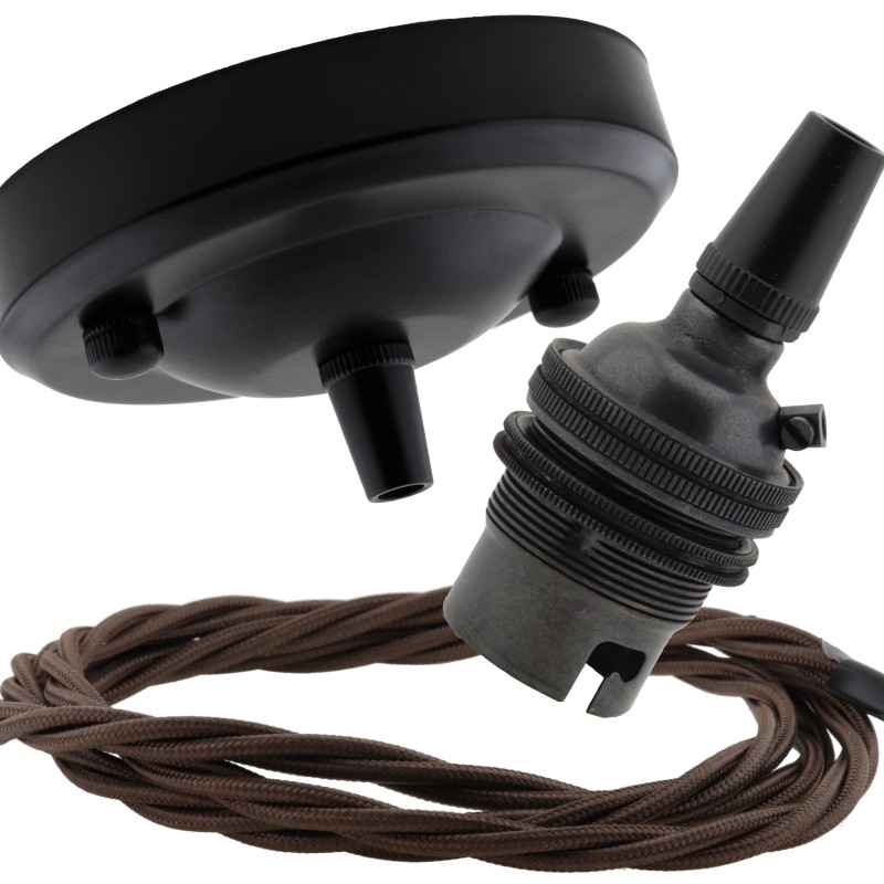Ceiling Pendant Kit with Large Rose and B22 Lampholder in Matte Black Finish with Mocha Brown Flex Ceiling Pendant Kit with Large Rose and B22 Lampholder in Matte Black Finish with Mocha Brown Flex