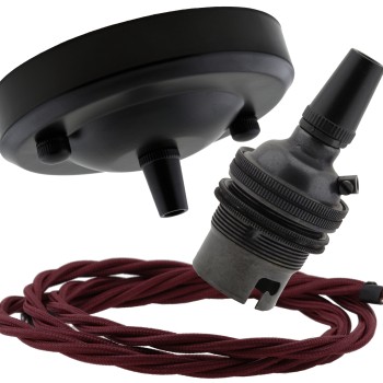 Ceiling Pendant Kit with Large Rose and B22 Lampholder in Matte Black Finish with Rich Burgundy Flex